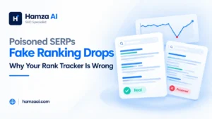 Poisoned SERPs compared with a normal Google results page